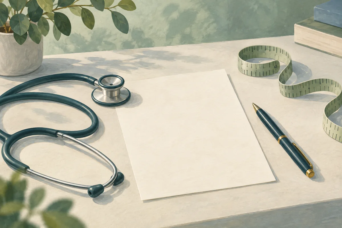 Ilustración editorial de un fonendoscopio, cinta de medir y hoja de evaluación